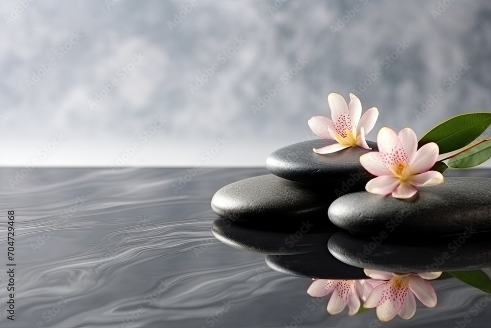 Closeup of beautiful spa stones on grey marble table, with blank space for text. Closeup of beautiful spa stones on grey marble table, with blank space for text.