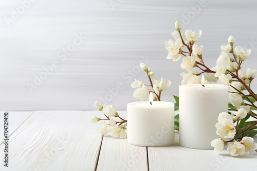 Spa atmosphere with white flowers  candles  and willow branches on a wooden background.
