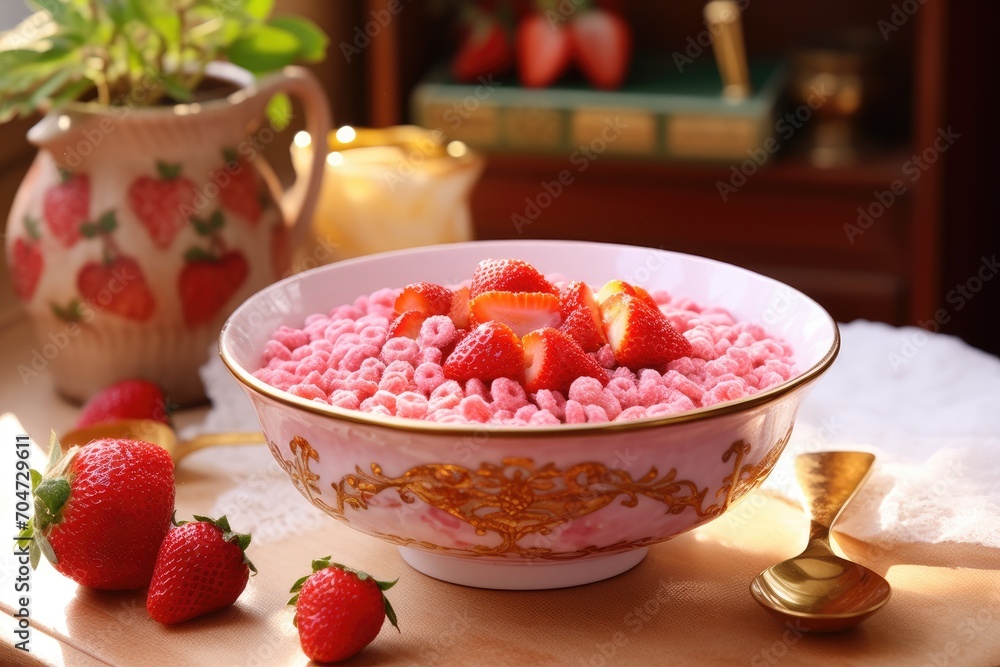 Strawberry-flavored crispy cereal, served in a French Cafe au Lait Bowl. Sweetened corn cereal shaped like strawberry rice. Strawberry-flavored crispy cereal, served in a French Cafe au Lait Bowl. Sweetened corn cereal shaped like strawberry rice.