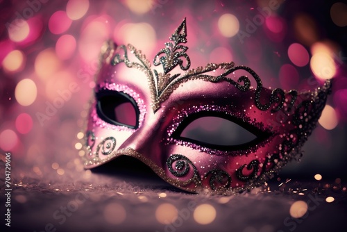 Pink carnival mask and shiny glitter decoration mardi gras background