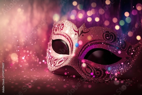 Pink carnival mask and shiny glitter decoration mardi gras background © JanNiklas