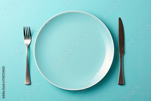 Blue monochrome plate and cutlery. Minimalistic concept for meals.