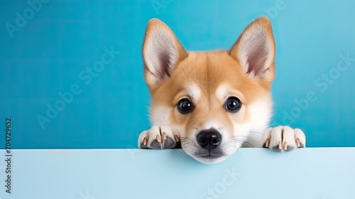 Portrait of a happy Shiba Inu peeking out from a blue background