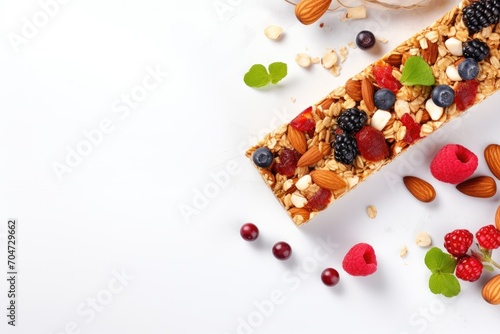 Granola bar with nuts  fruit  and berries on a white table. Top view.