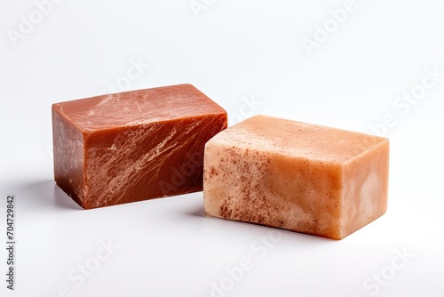 Two brown natural soap bars on a white surface.