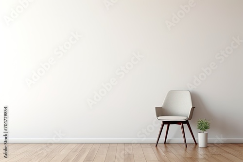 Real photo of a chair and wooden floor in a living room with a white empty wall with copy space and a place for your light switch.