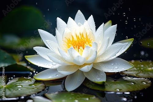 Lotus in pond with yellow pollen on top.