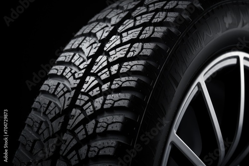 Winter tire with asymmetric tread pattern for safe driving on snowy and icy roads, shown in close-up on a black background.