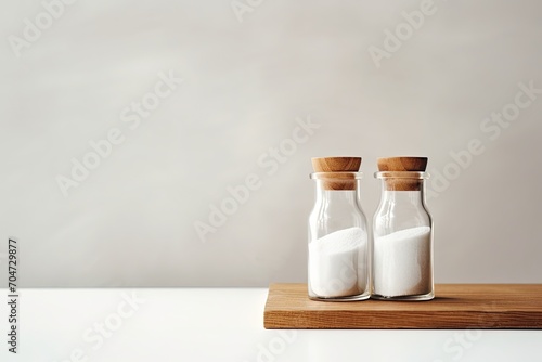 Oil bottle wooden salt and pepper shakers on white table indoors room for text photo