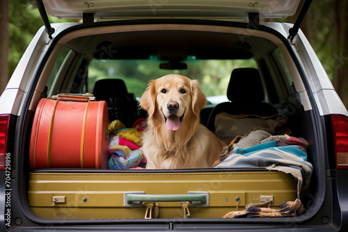 Golden retriever sitting in the back of a car with luggage photo