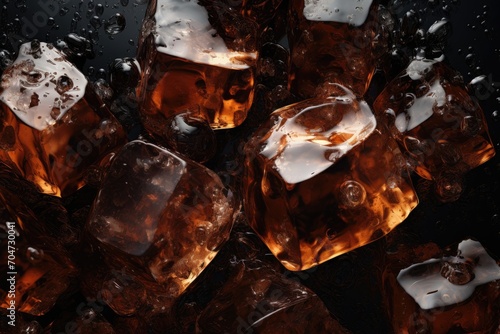 Macro bubbles floating in dark soda with ice cubes
