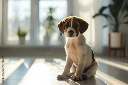 Cute jack russell terrier puppy sitting on the wooden floor in the sunlight at home, the dog is bored
