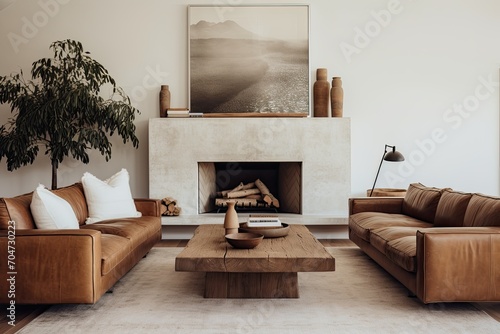 Simplistic modern farmhouse living room with minimal decor gas fireplace raw edge wooden mantel and brown leather furniture photo
