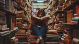 person read books in library stack of books