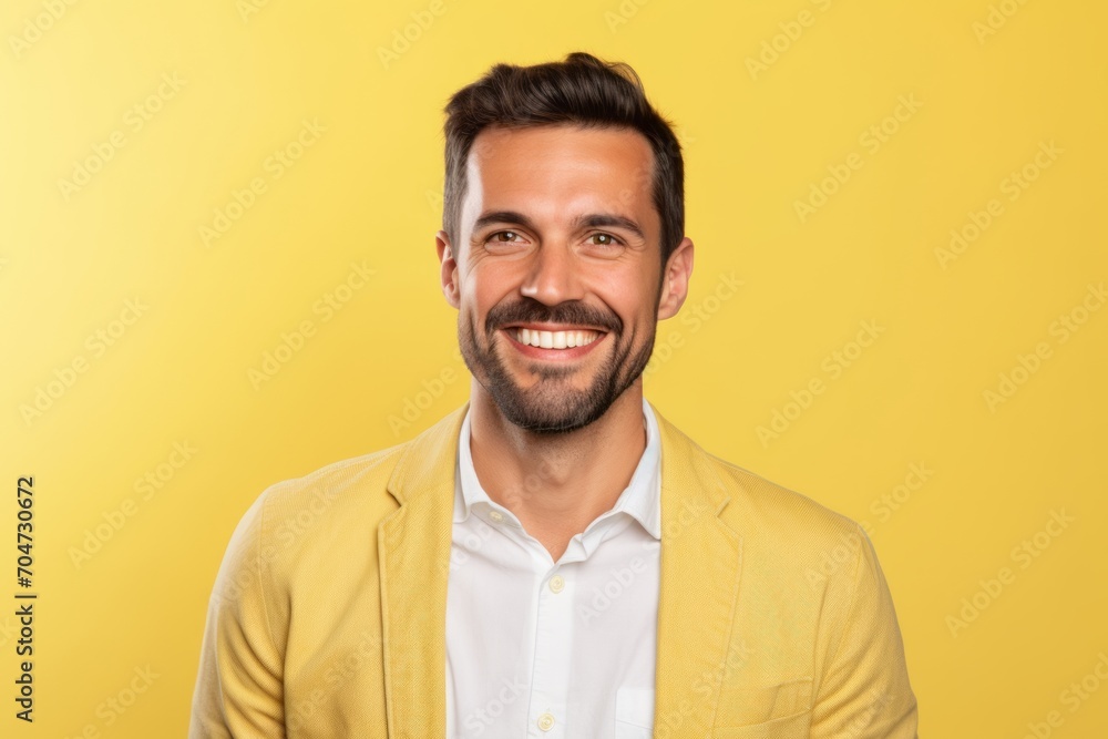 Portrait of a happy young man smiling and looking at camera on yellow background Portrait of a happy young man smiling and looking at camera on yellow background
