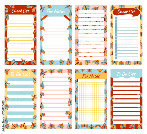 Paper sticky notes, Notepaper Sticker Notepads set with butterfly. Sheet list copybook page lined grid. Stationery elements planning education blank organizer. Isolated cartoon vector illustration