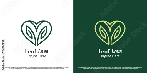 Leaf love logo design illustration. Silhouette shape line art heart tree plant green fresh eco floral care environment bio seed nature. Minimal abstract simple flat icon symbol.