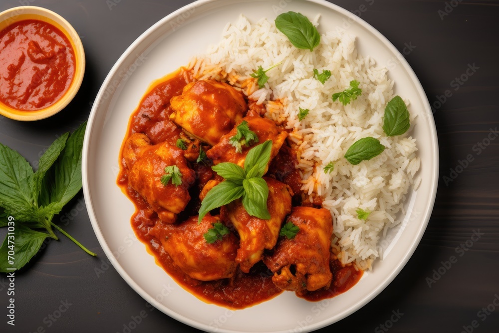 Top view of curry sauce and rice cooked with spicy chicken Top view of curry sauce and rice cooked with spicy chicken