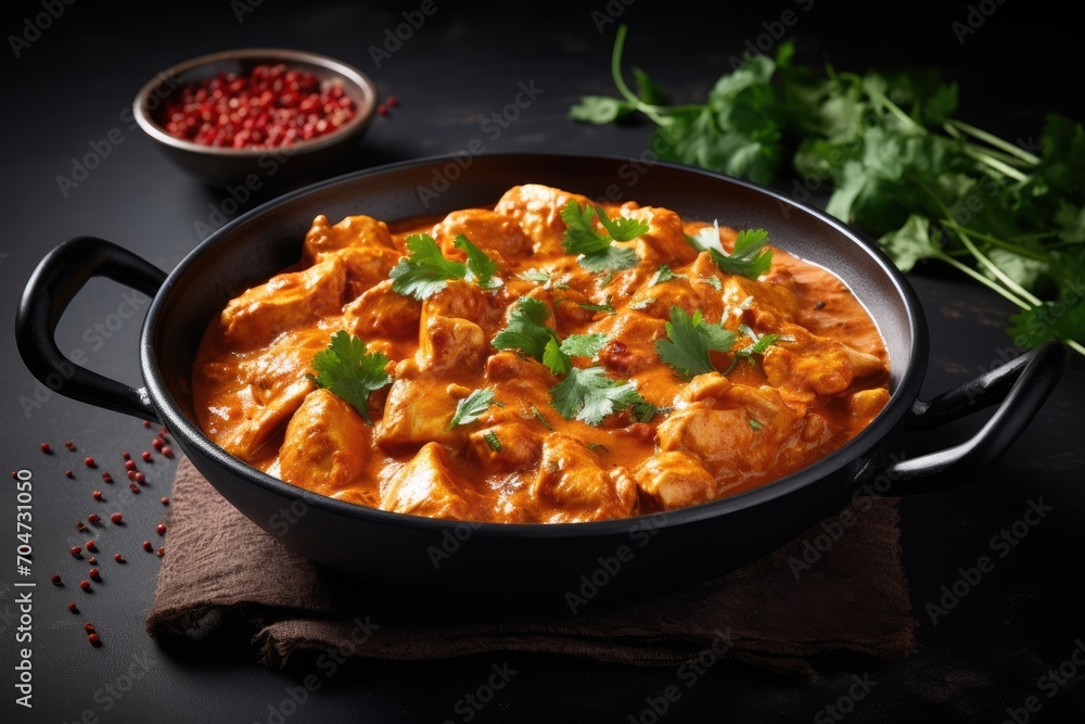 Top view of Butter Chicken in a black bowl on a dark slate table showcasing its creamy masala sauce and chicken meat Indian Cuisine