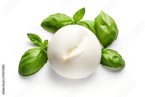 Top view of isolated mozzarella cheese and basil leaf on white photo