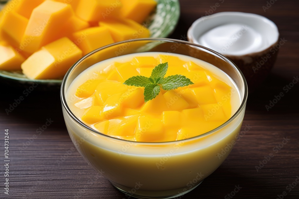 Typical dessert in Hong Kong mango sago is made of boiled sago small mango pieces mango juice and milk with cheese sauce on top Typical dessert in Hong Kong mango sago is made of boiled sago small mango pieces mango juice and milk with cheese sauce on top
