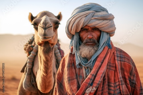 Turbaned man with covered face and camel in Sahara desert © LimeSky