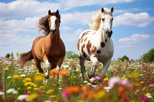 Two horses gallop on a flower filled field with a blue sky backdrop