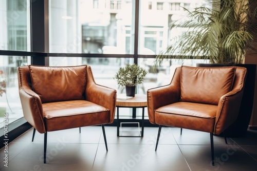 Two leather armchairs positioned near a coffee table in an upscale office or trendy apartment Open book agenda or planner in a meeting room at a commercial bui photo