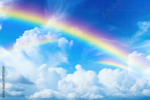 Stunning dual rainbow embellishes blue sky with clouds and sunlight creating a captivating background with room for text