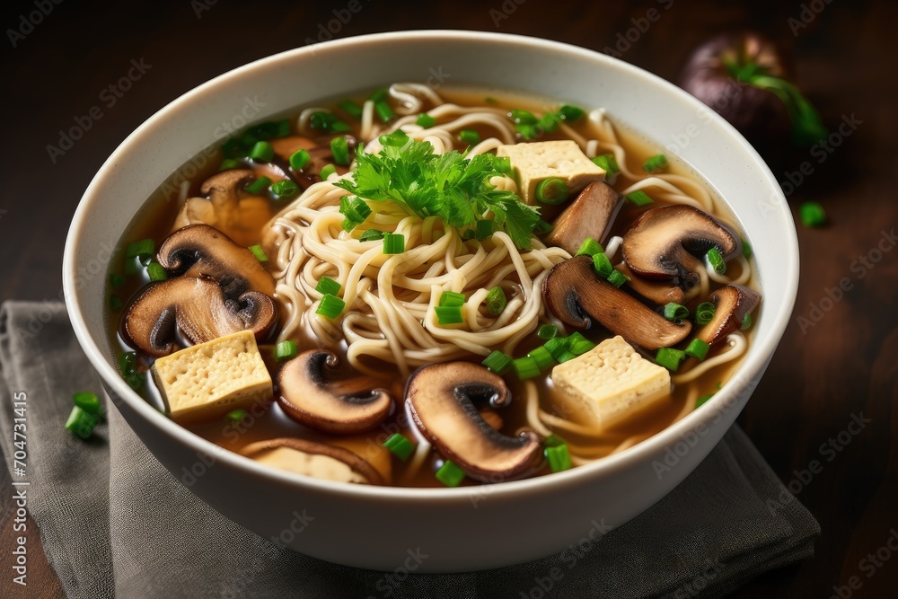 Top view of Asian vegan noodle soup with tofu cheese shiitake mushrooms lettuce in a white bowl Top view of Asian vegan noodle soup with tofu cheese shiitake mushrooms lettuce in a white bowl