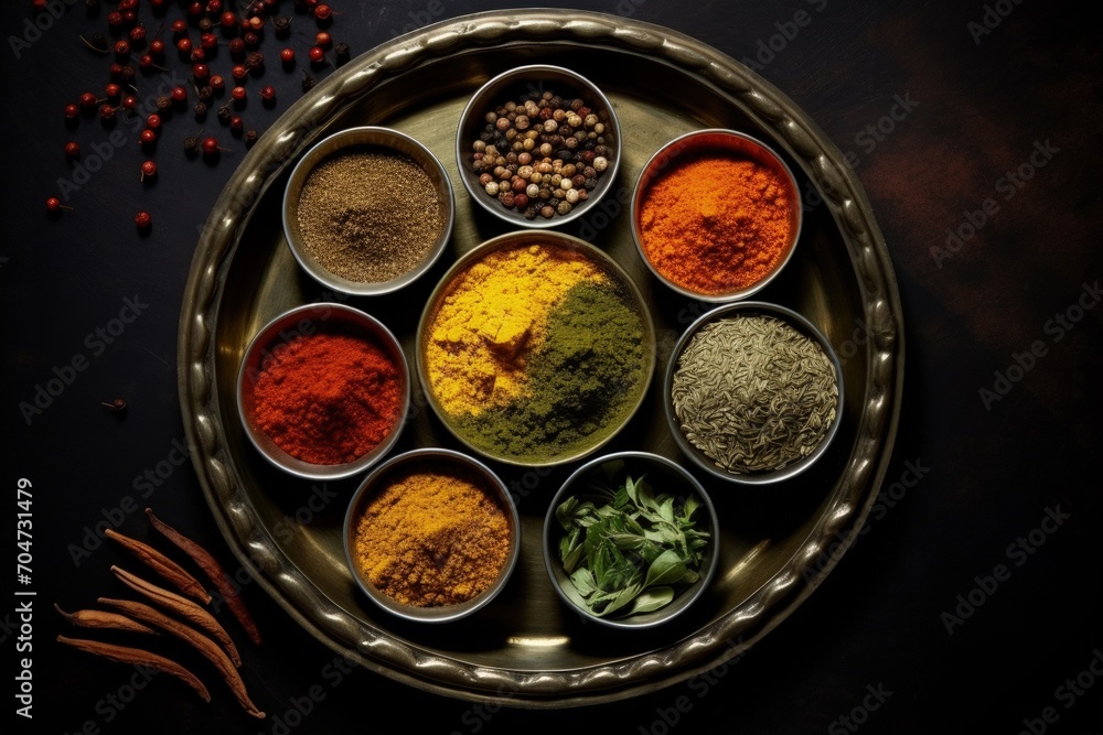 Top view of Indian spices seasoning and spicy bowls on a brass tray
