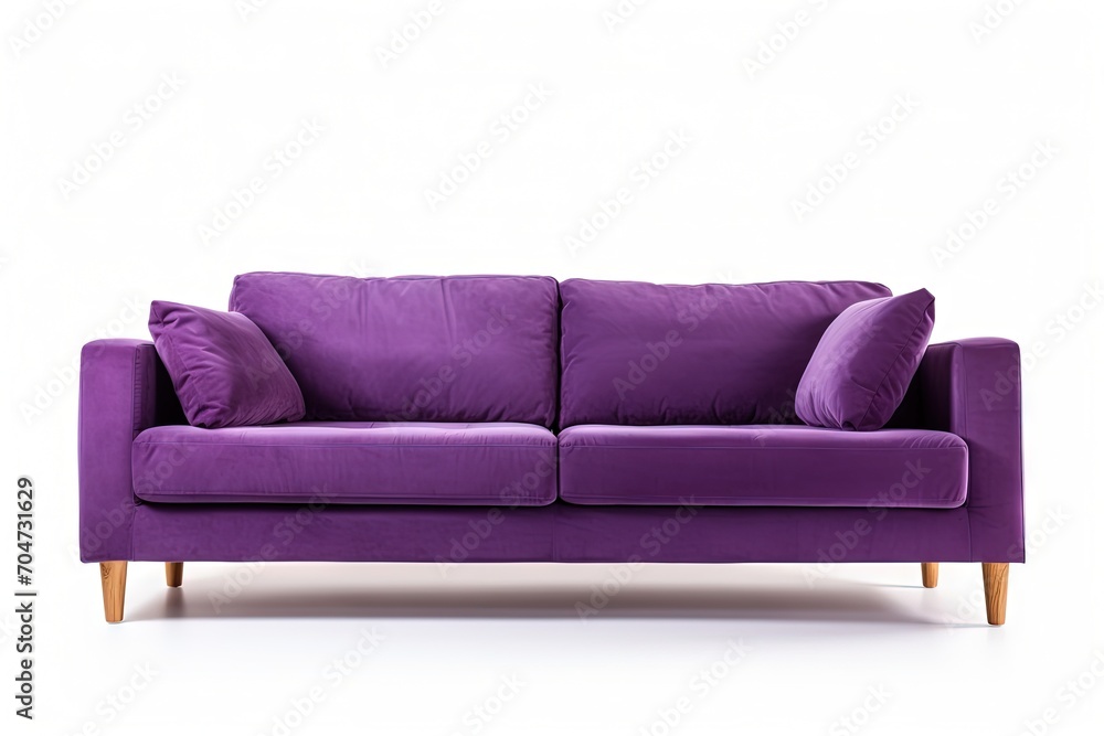 Wooden legs support a purple fabric sofa isolated on a white background It is part of a furniture collection Wooden legs support a purple fabric sofa isolated on a white background It is part of a furniture collection