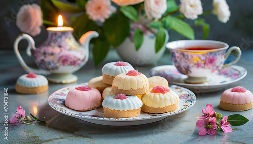 A pretty Mothers' Day or Easter high tea with flowers, delicious petit-four biscuits and a cup of coffee against a textured background.