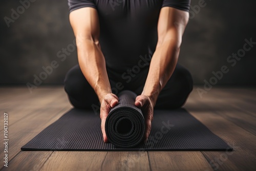Close up of young man s hands rolling black yoga mat on wooden floor Fitness background with blank space Banner concept photo