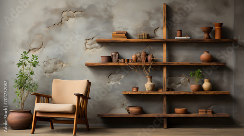 Wooden shelf and chair recreating Korea's antique interior. Generative AI