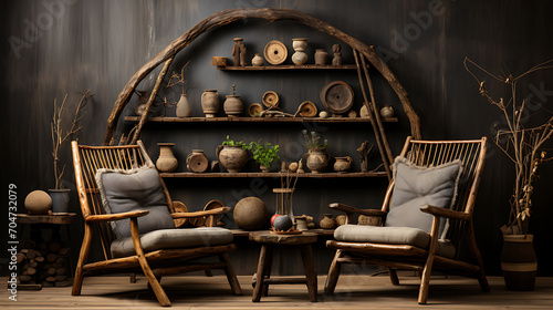 Wooden shelf and chair recreating Korea's antique interior. Generative AI
