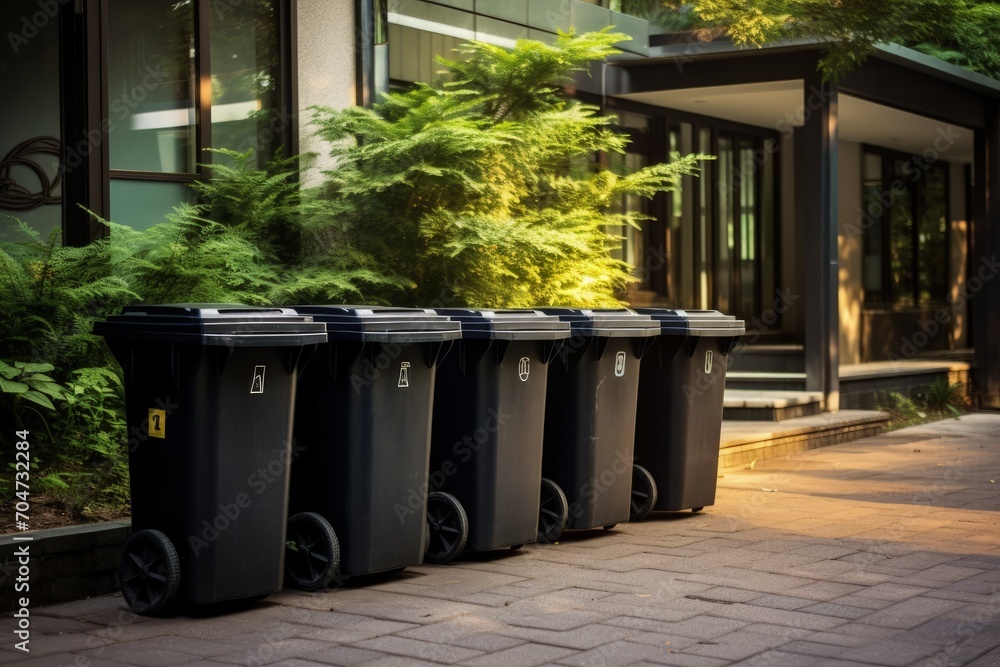 Four black trash cans in front of a house aiding waste separation awaiting collection to help the environment Four black trash cans in front of a house aiding waste separation awaiting collection to help the environment
