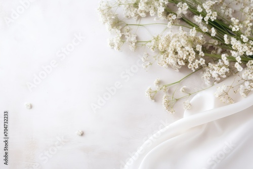 Feminine wedding desktop mockup with flowers ribbon and empty space