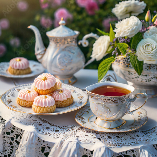 A pretty Mothers' Day or Easter high tea with flowers, delicious petit-four biscuits and a cup of coffee against a textured background.