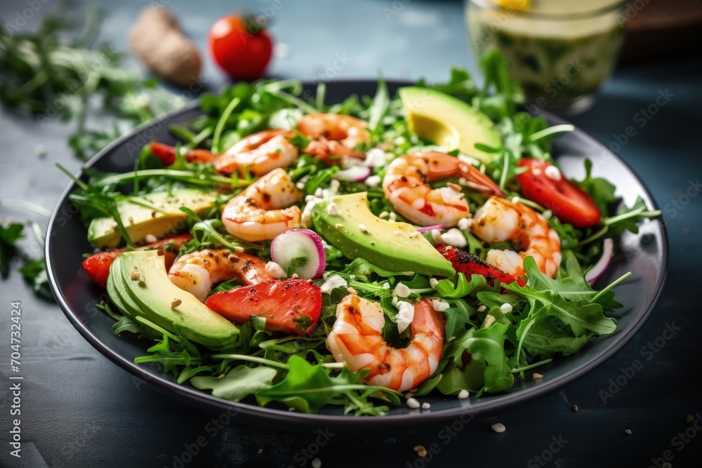 Healthy salad with arugula avocado and onion at blue kitchen table Fresh and nutritious Healthy salad with arugula avocado and onion at blue kitchen table Fresh and nutritious