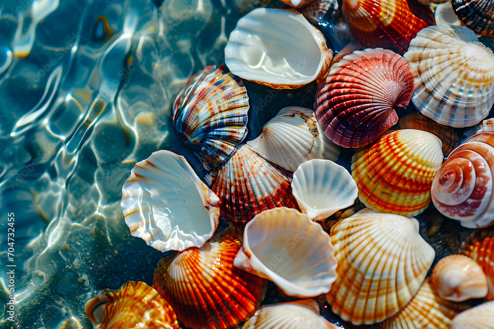 Top view close-up of vibrant seashells in clear sea water, embodying the concept of a summer tropical vacation. Top view close-up of vibrant seashells in clear sea water, embodying the concept of a summer tropical vacation.