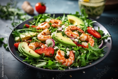Healthy salad with arugula avocado and onion at blue kitchen table Fresh and nutritious