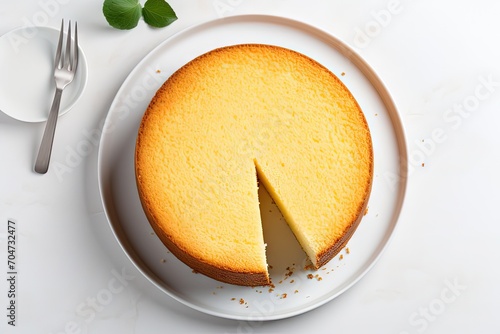 Homemade culinary dessert round vanilla sponge cake or chiffon cake with two cut layers on a white background photo