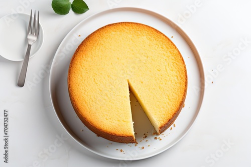 Homemade culinary dessert round vanilla sponge cake or chiffon cake with two cut layers on a white background