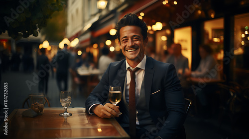 Businessman drinking wine at an outdoor restaurant in Paris. Generative AI