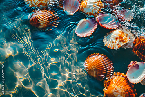 Top view close-up of vibrant seashells in clear sea water, embodying the concept of a summer tropical vacation.