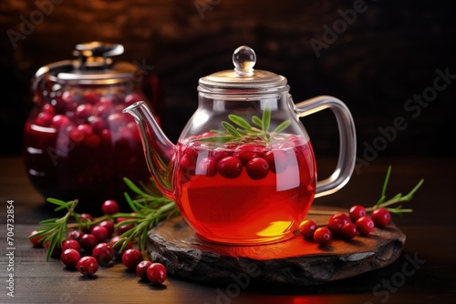 Lingonberry tea in glass kettle