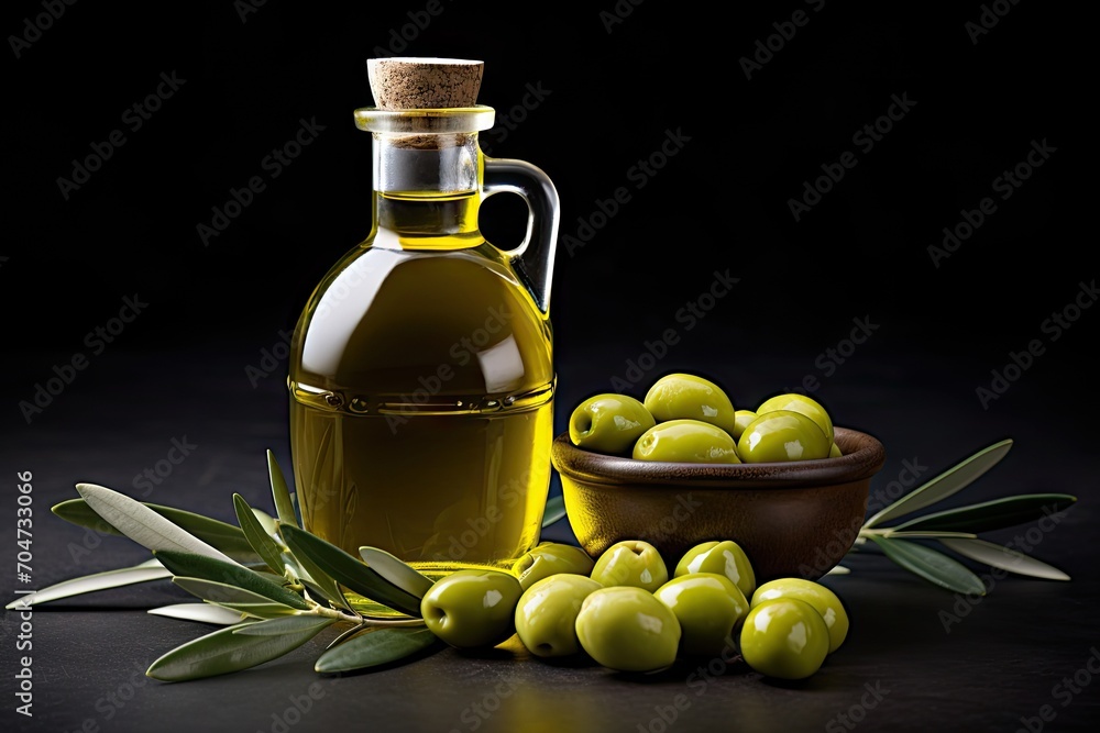 Olive oil bottle and green olives on white Olive oil bottle and green olives on white