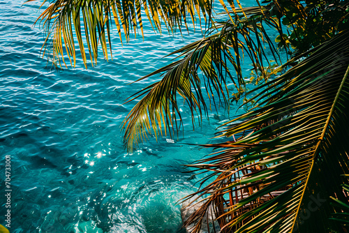 Elegant palm tree leaves against a backdrop of the serene blue sea  capturing the essence of a summer tropical vacation in a minimalistic style.