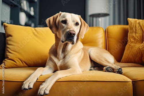 Modern interior of living room with adorable Golden Labrador Retriever relaxing on couch